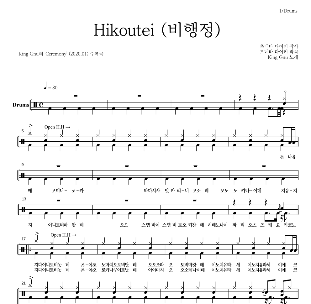 King Gnu - Hikoutei(비행정) 드럼(Tab) 악보 
