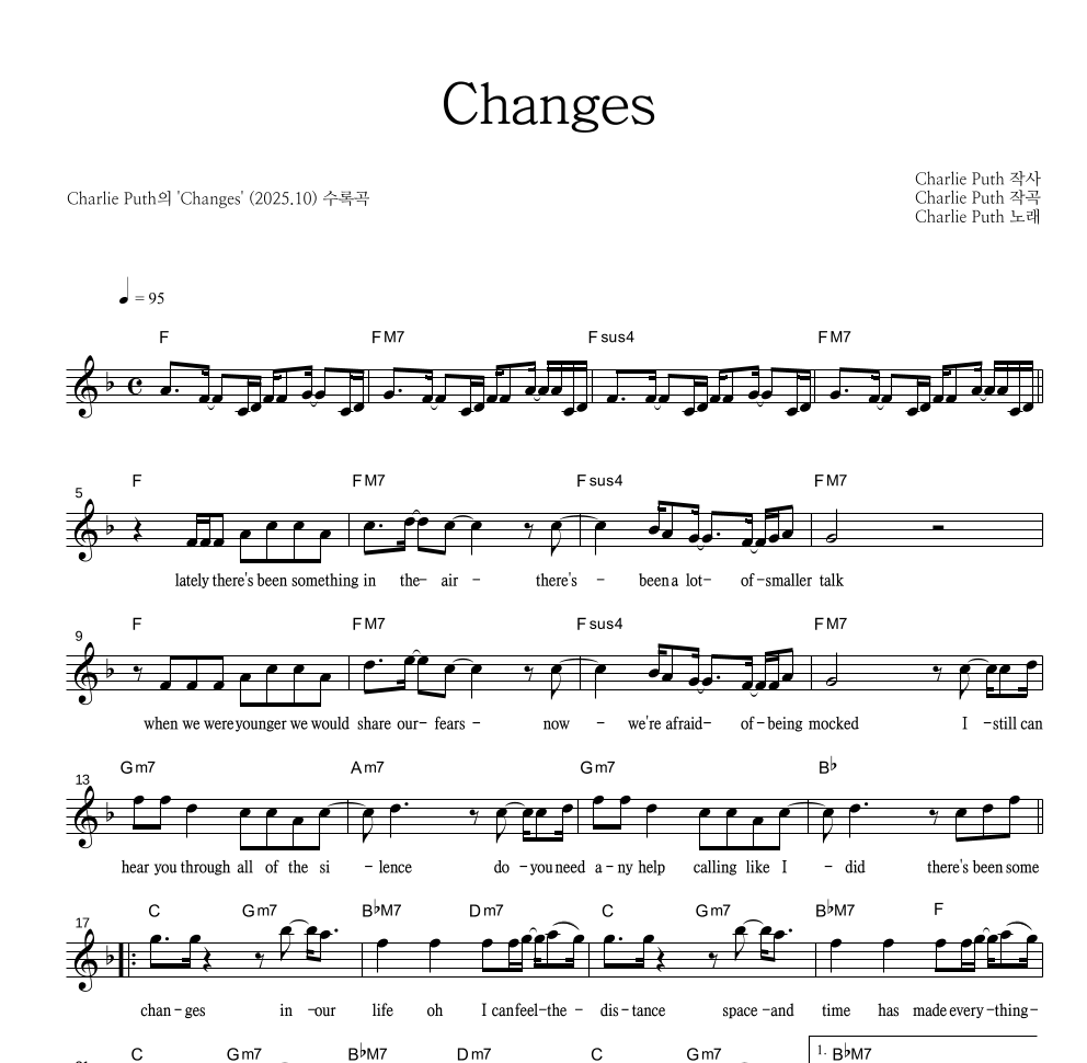 Charlie Puth - Changes 멜로디 악보 