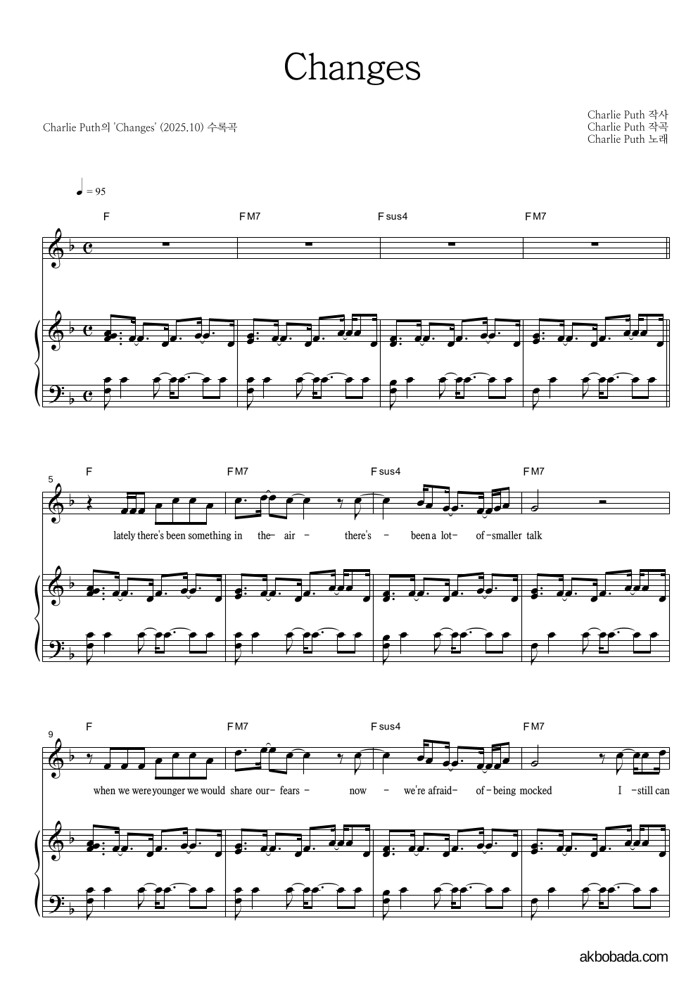 Charlie Puth - Changes 피아노 3단 악보 