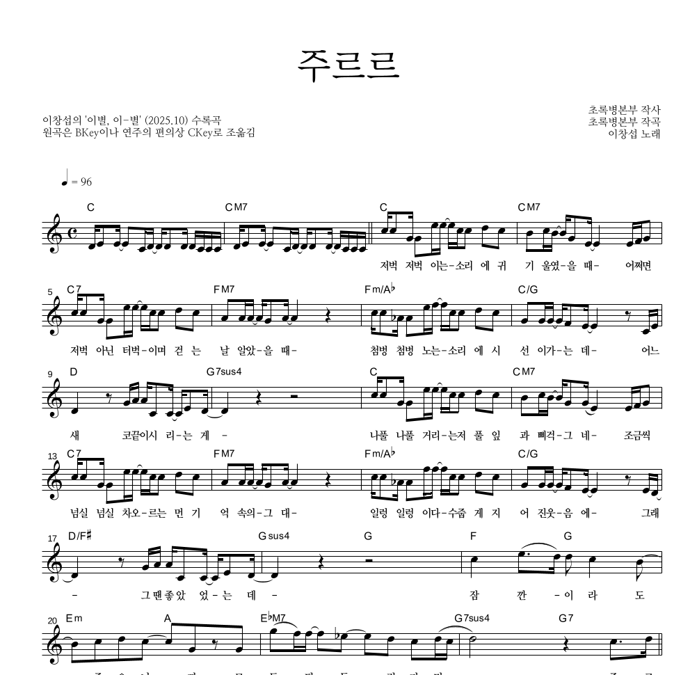 이창섭 - 주르르 멜로디 악보 