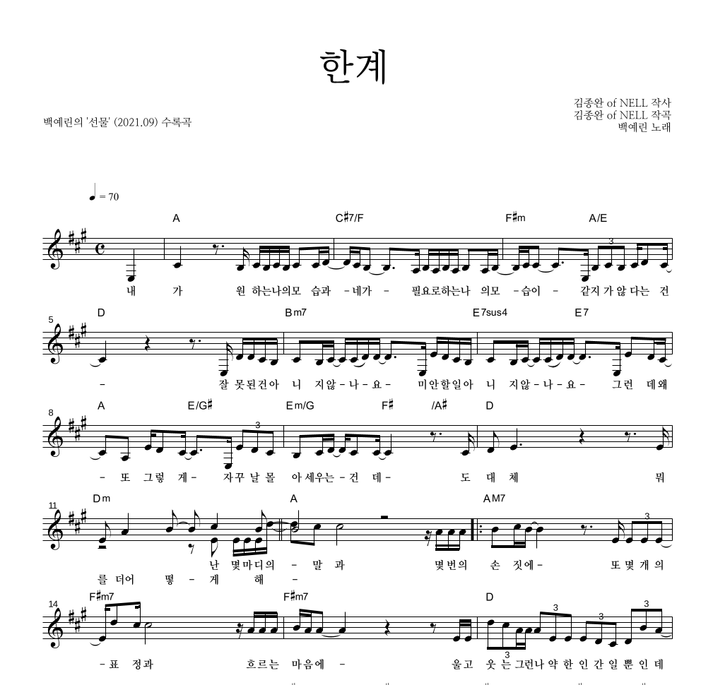 백예린 - 한계 멜로디 악보 