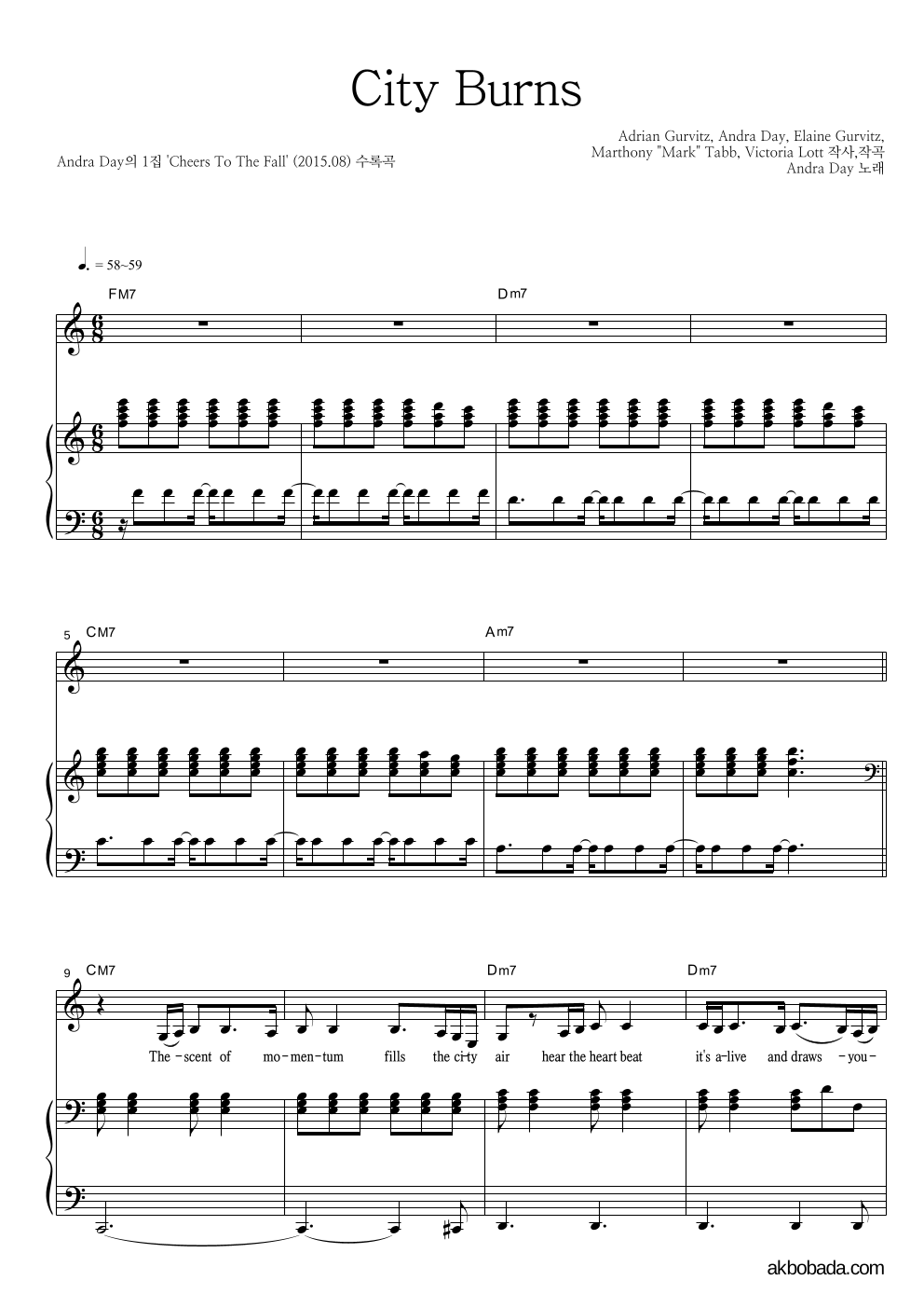 Andra Day - City Burns (전지현 '헤라' 광고 삽입곡) 피아노 3단 악보 