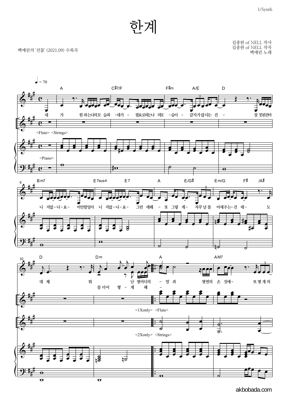 백예린 - 한계 건반 악보 