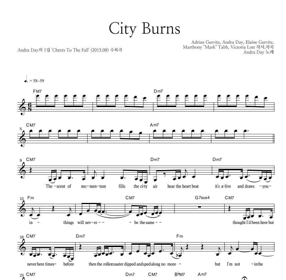 Andra Day - City Burns (전지현 '헤라' 광고 삽입곡) 멜로디 악보 