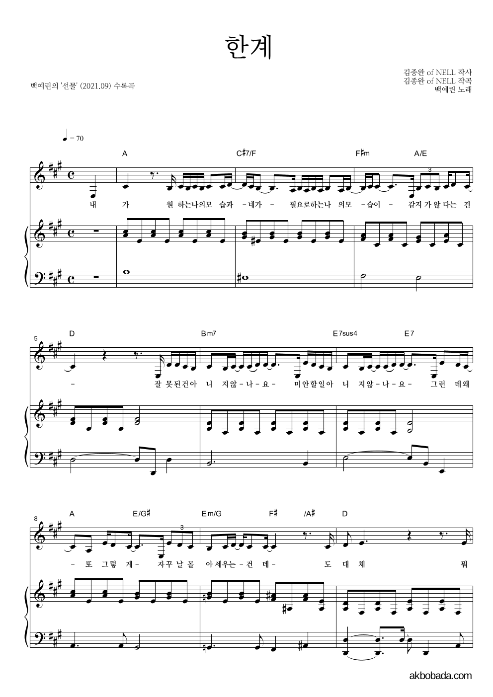 백예린 - 한계 피아노 3단 악보 