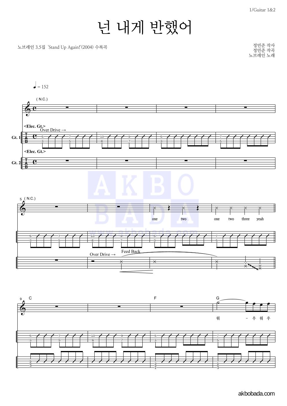 노브레인 - 넌 내게 반했어 기타(Tab) 악보 