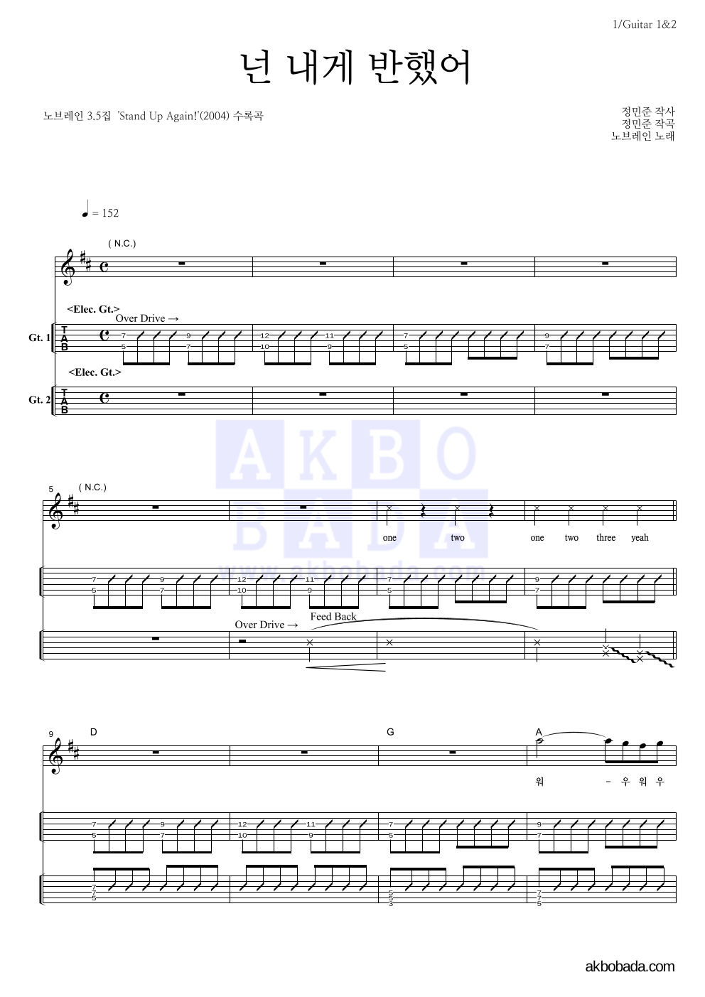 노브레인 - 넌 내게 반했어 기타(Tab) 악보 