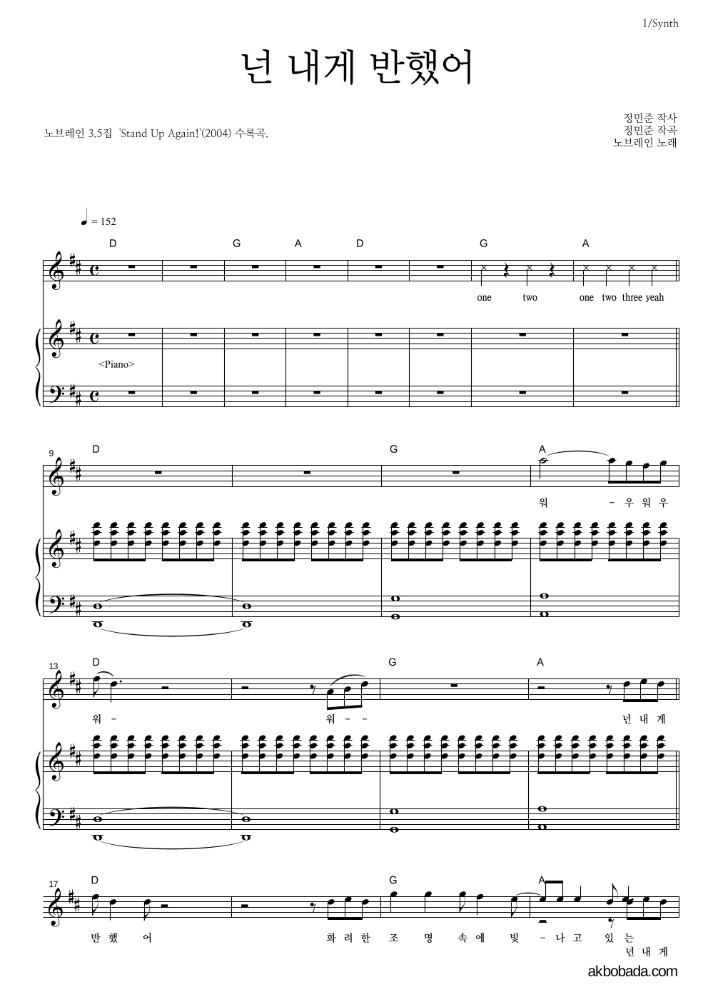 노브레인 - 넌 내게 반했어 건반 악보 