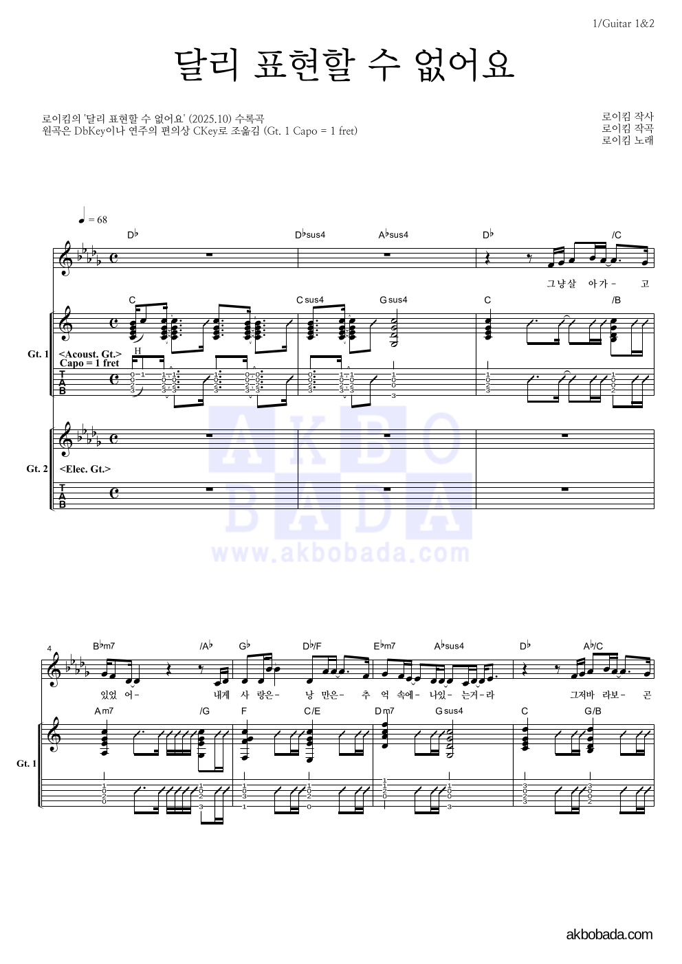 로이킴 - 달리 표현할 수 없어요 기타 악보 