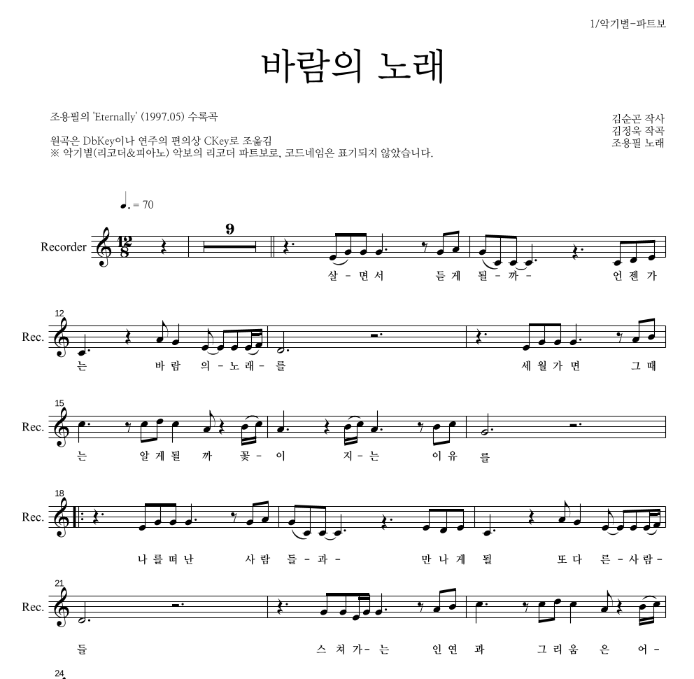 조용필 - 바람의 노래 리코더 파트보 악보 