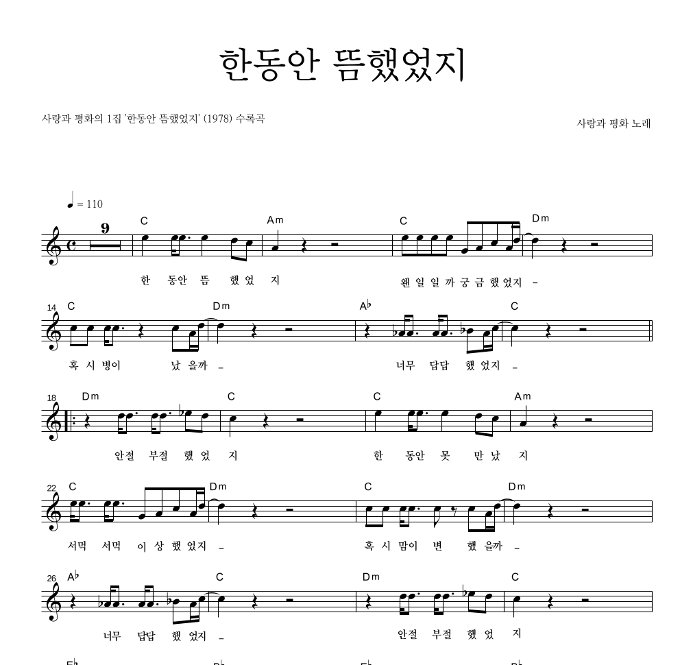 사랑과 평화 - 한동안 뜸했었지 멜로디 악보 