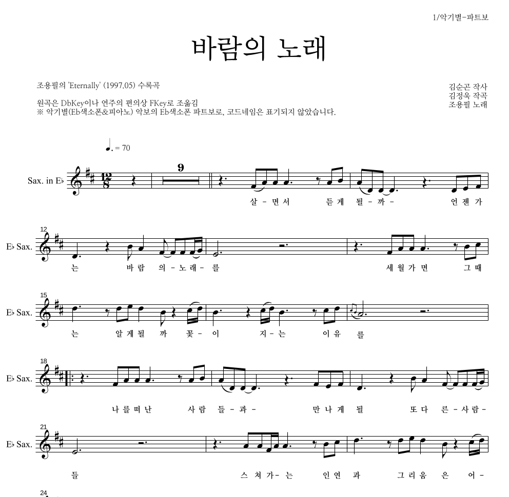 조용필 - 바람의 노래 Eb색소폰 파트보 악보 