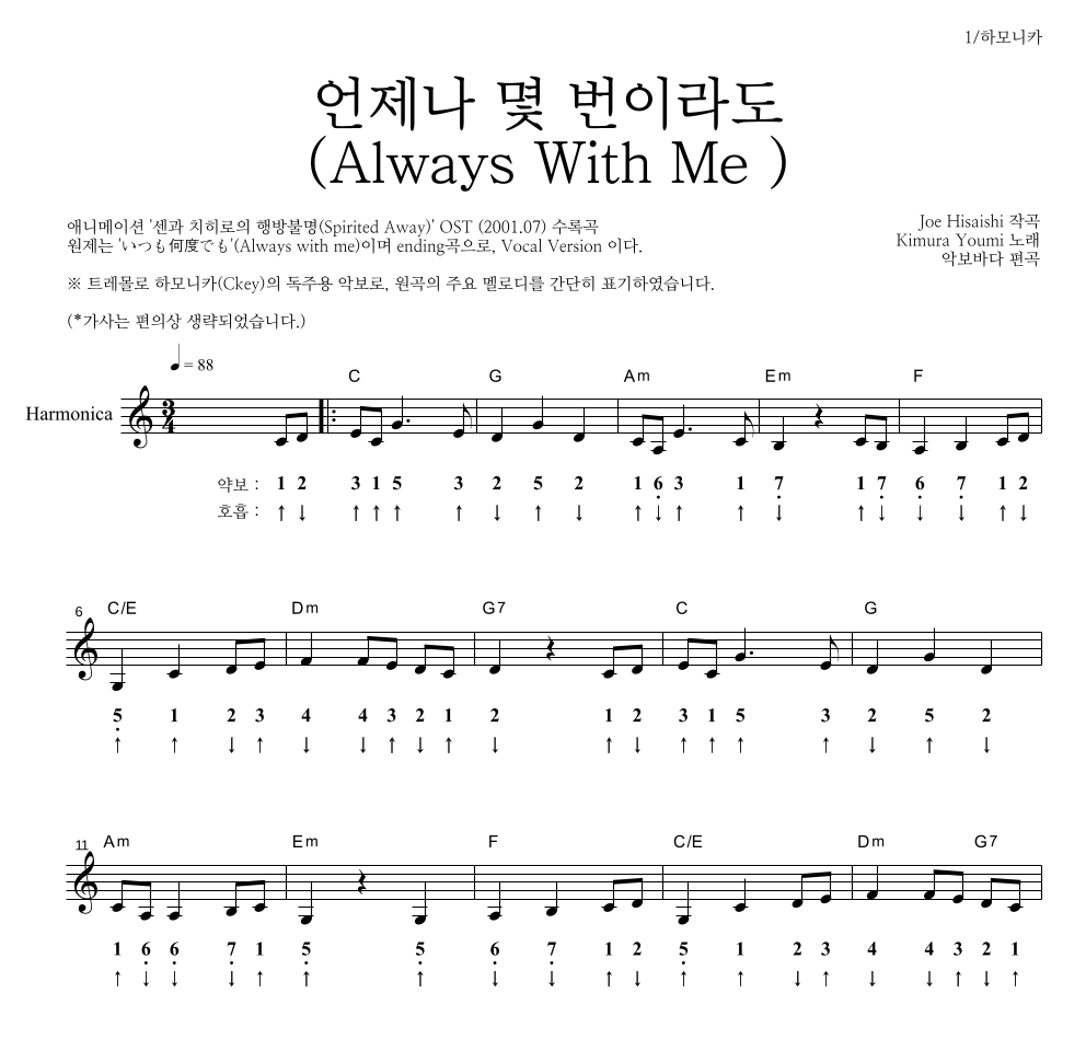 Hisaishi Joe - 언제나 몇 번이라도 하모니카 악보 