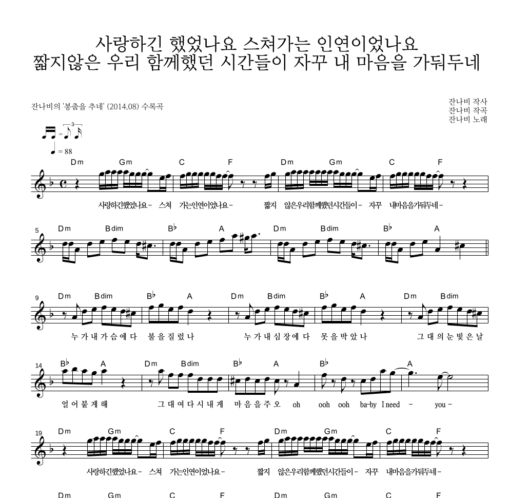 잔나비 - 사랑하긴 했었나요 스쳐가는 인연이었나요 멜로디 악보 