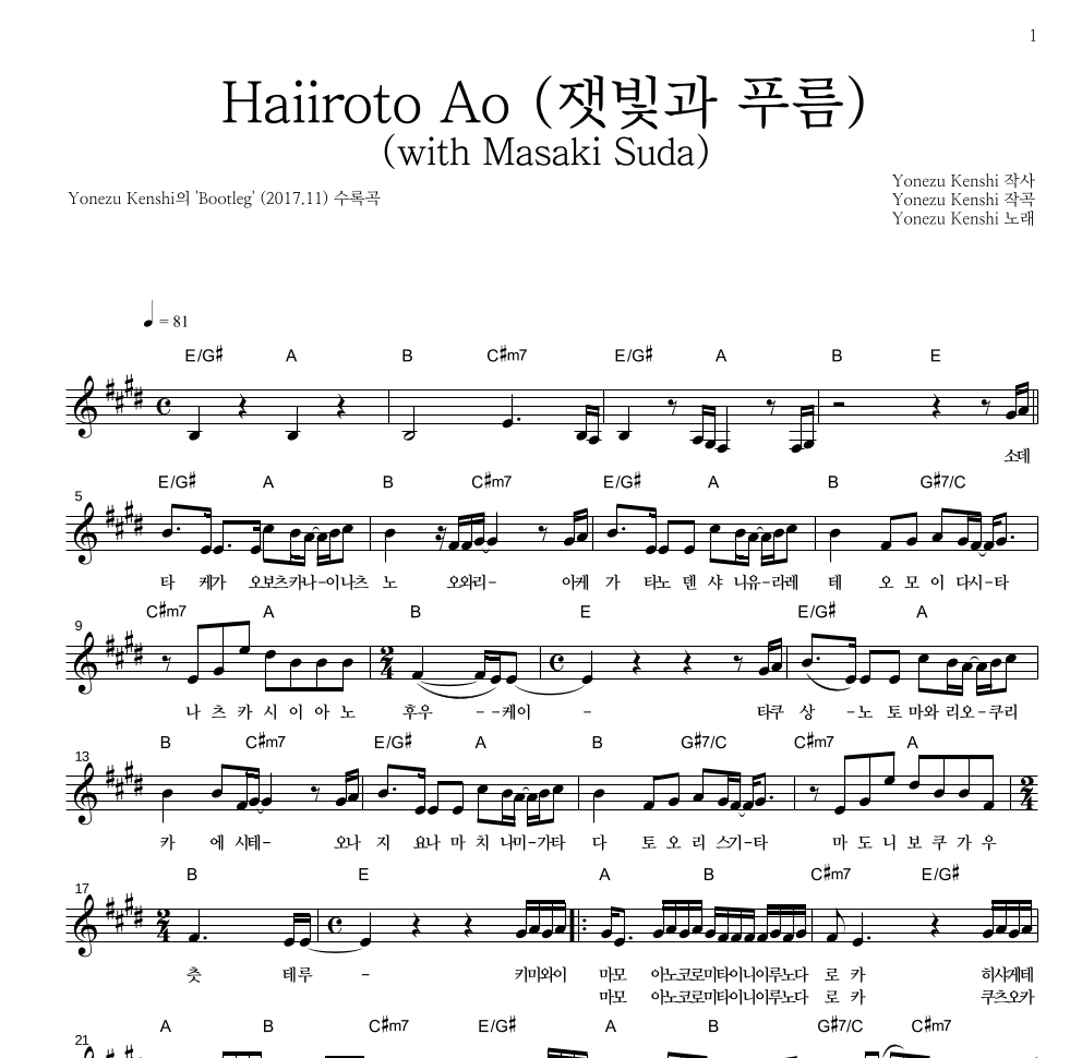 Yonezu Kenshi - Haiiroto Ao (잿빛과 푸름) 멜로디 악보 