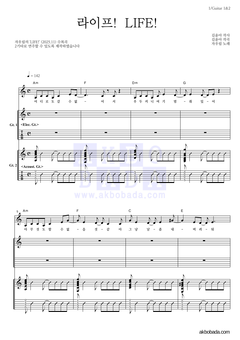 자우림 - 라이프! LIFE! 기타 악보 
