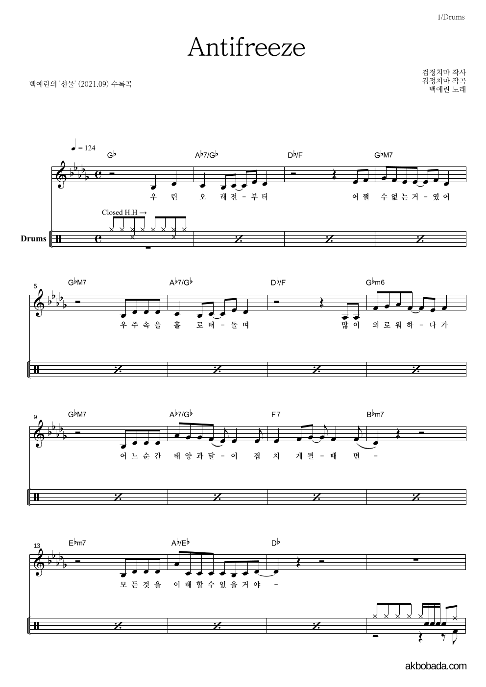 백예린 - Antifreeze 드럼 악보 