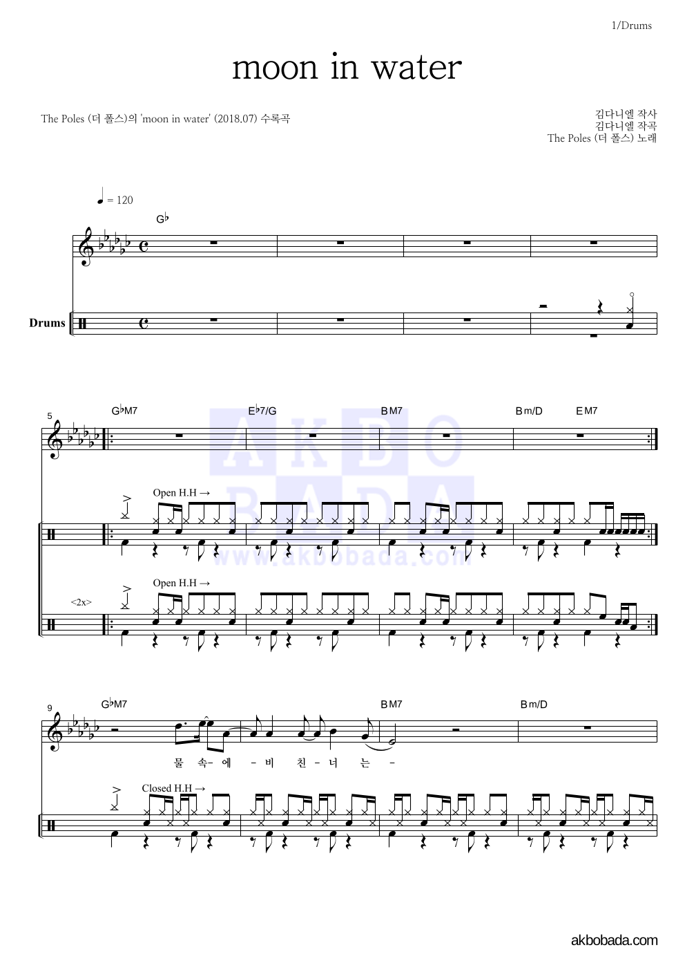 더 폴스 - moon in water 드럼 악보 