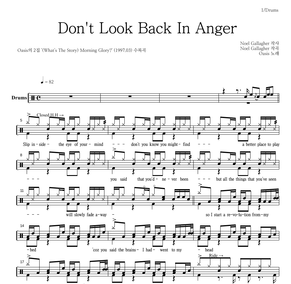 Oasis - Don't Look Back In Anger 드럼(Tab) 악보 