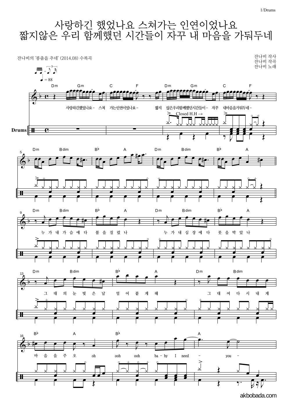 잔나비 - 사랑하긴 했었나요 스쳐가는 인연이었나요 드럼 악보 