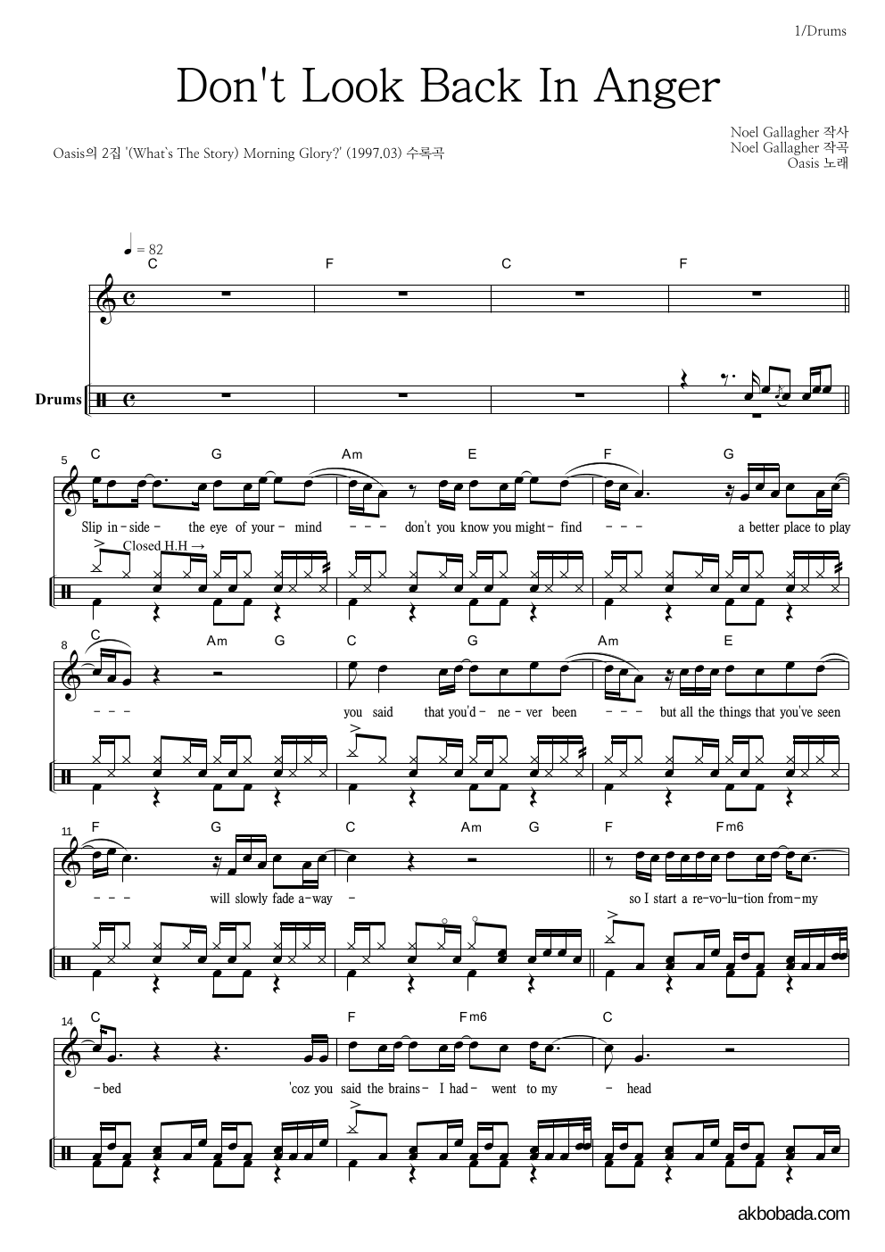 Oasis - Don't Look Back In Anger 드럼 악보 