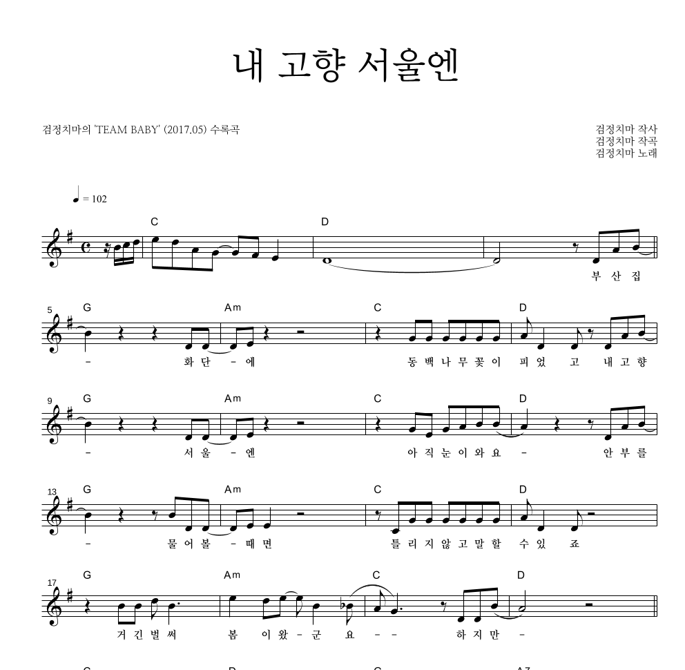 검정치마 - 내 고향 서울엔 멜로디 악보 