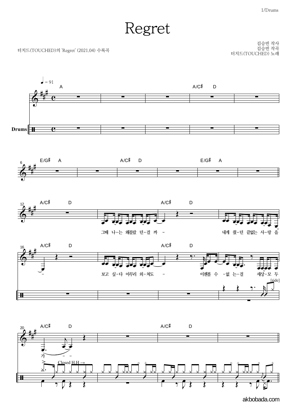 터치드 - Regret 드럼 악보 