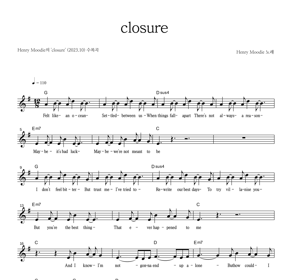 Henry Moodie - closure 멜로디 악보 