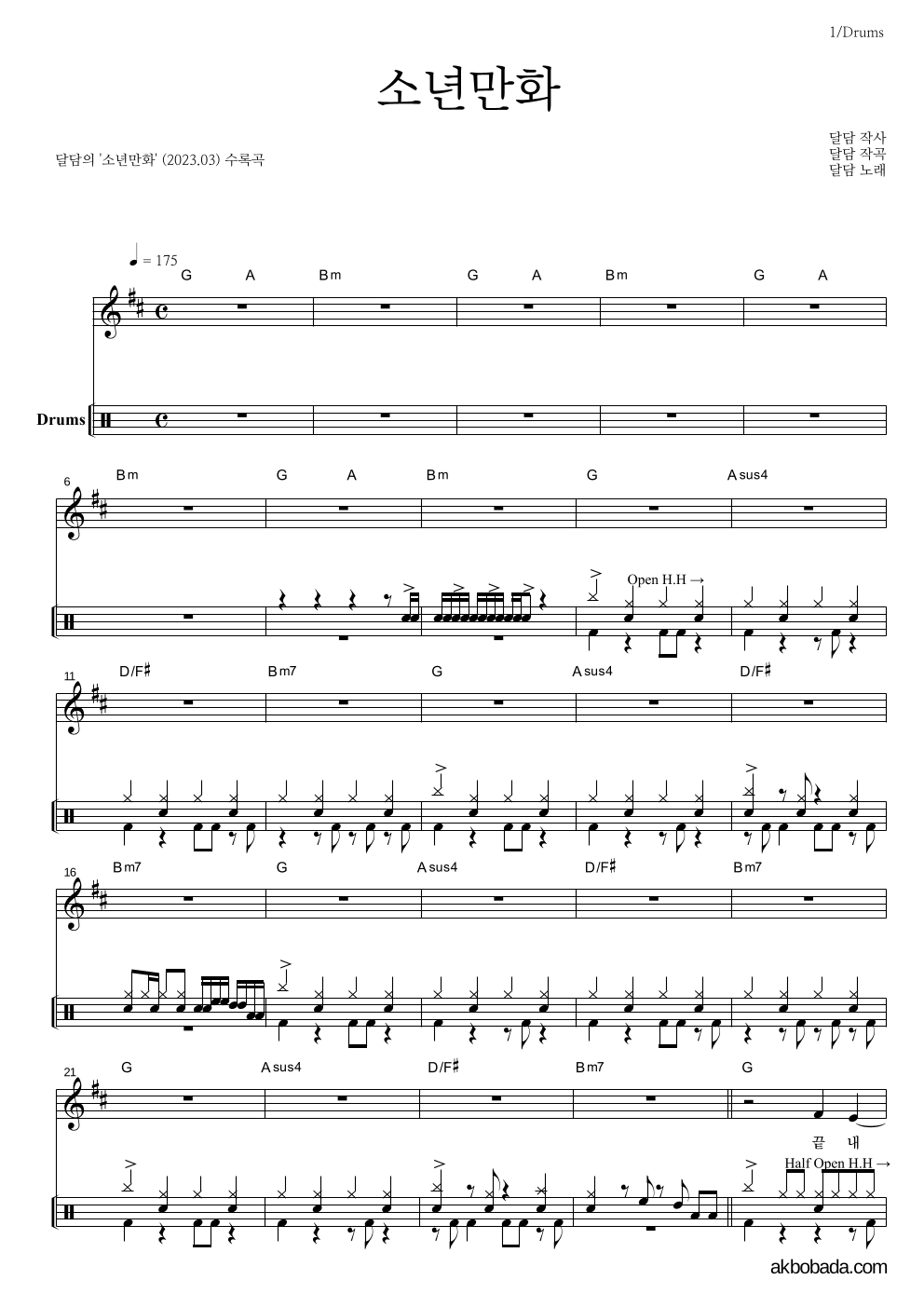 달담 - 소년만화 드럼 악보 