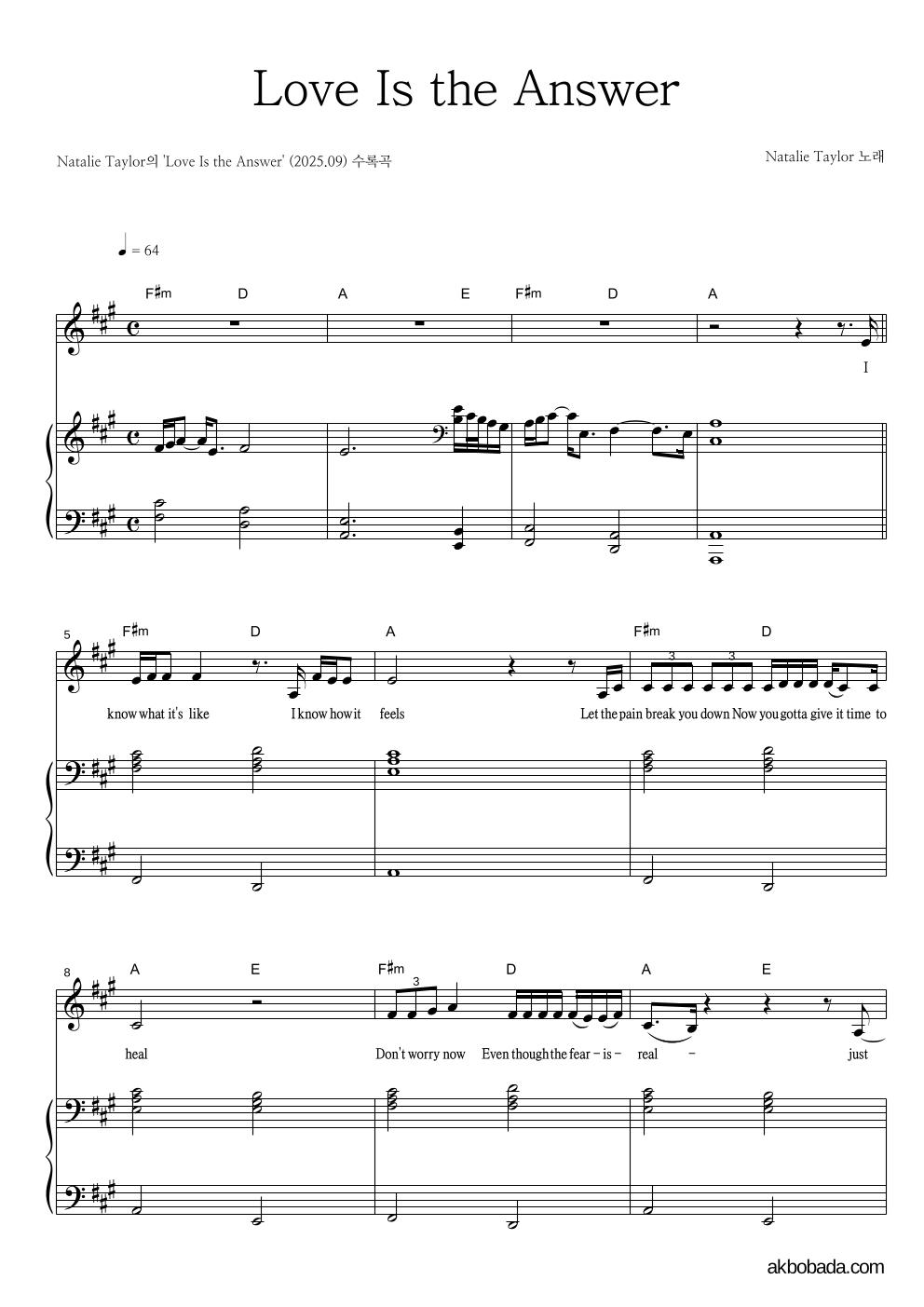 Natalie Taylor - Love Is the Answer 피아노 3단 악보 