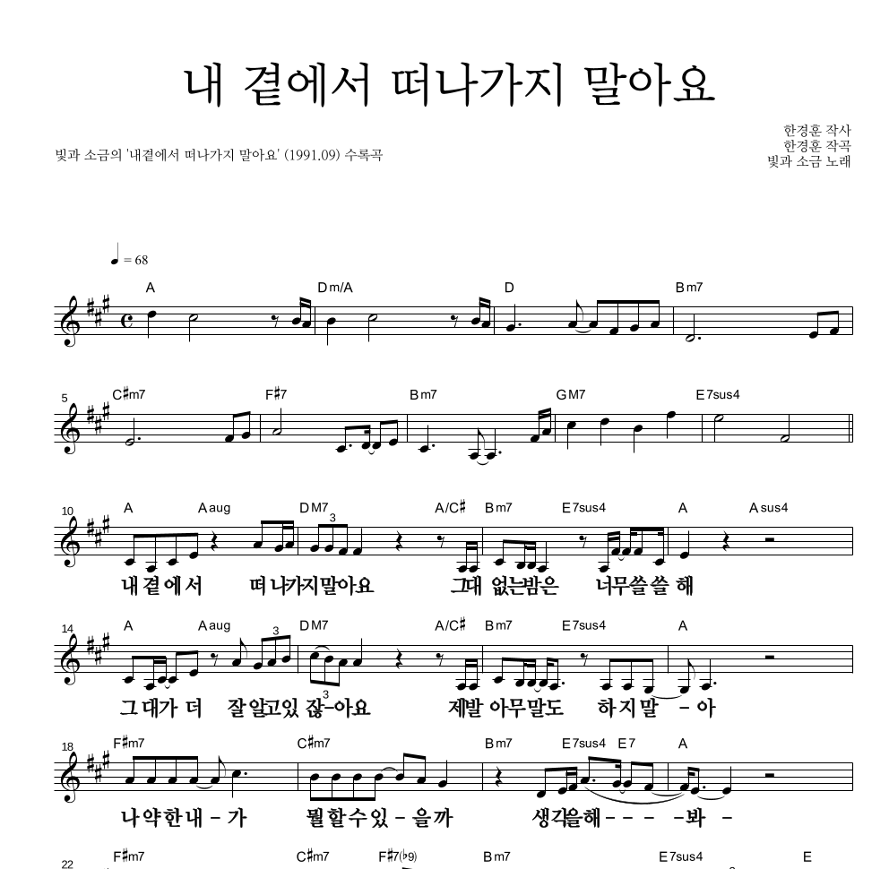 빛과 소금 - 내 곁에서 떠나가지 말아요 멜로디 큰가사 악보 
