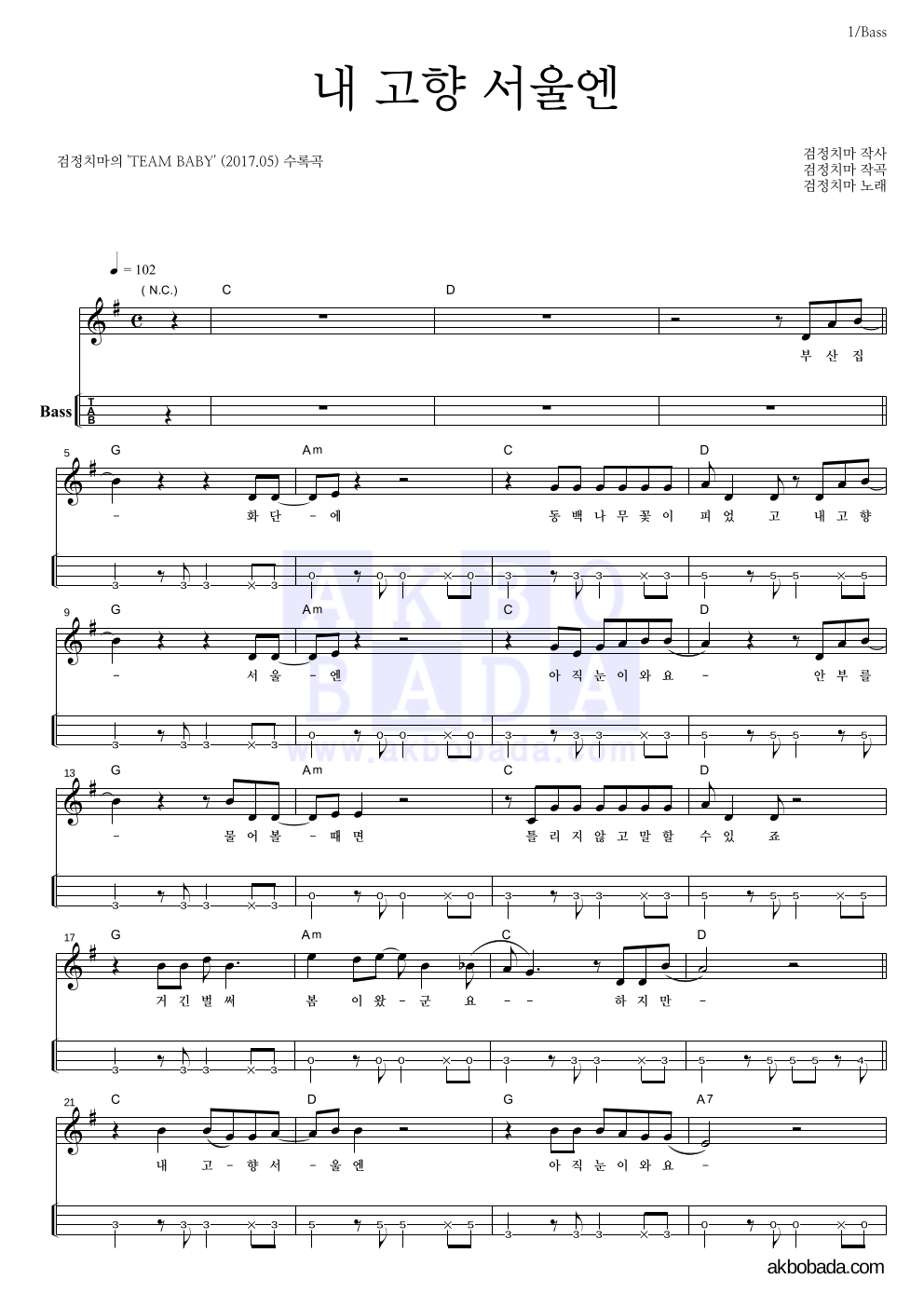 검정치마 - 내 고향 서울엔 베이스(Tab) 악보 