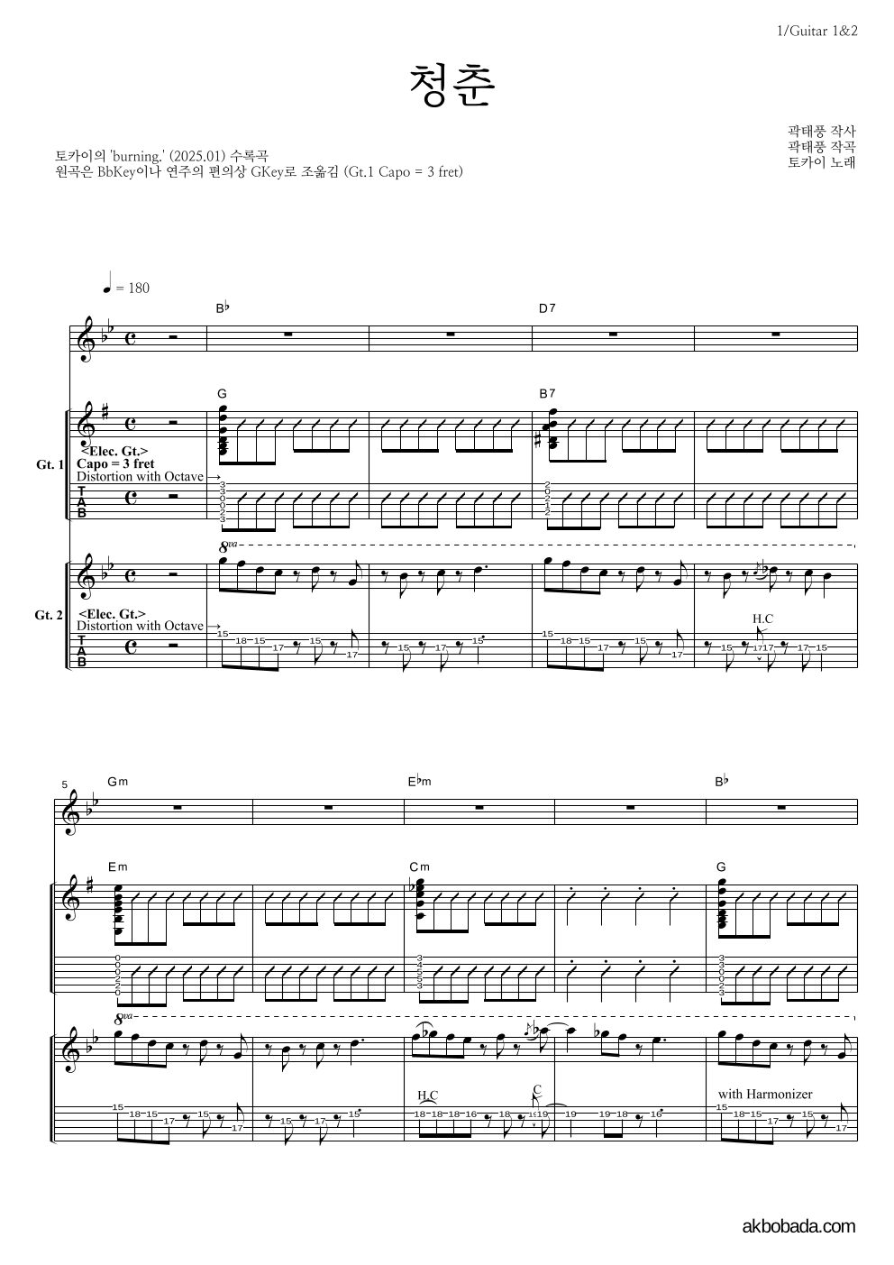 토카이 - 청춘 기타1,2 악보 