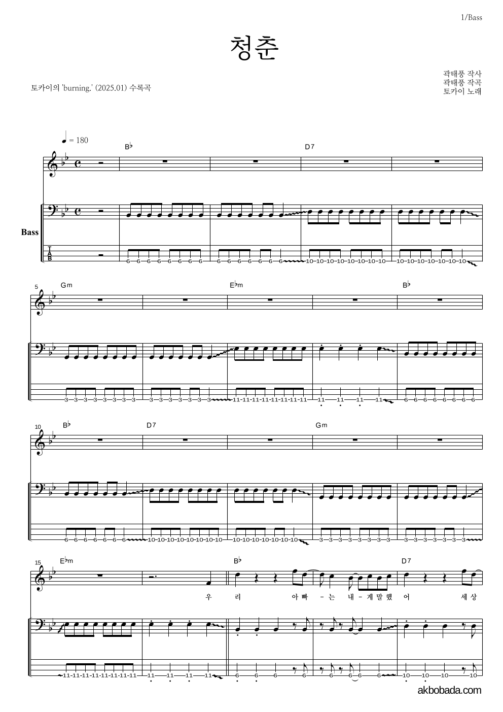 토카이 - 청춘 베이스 악보 