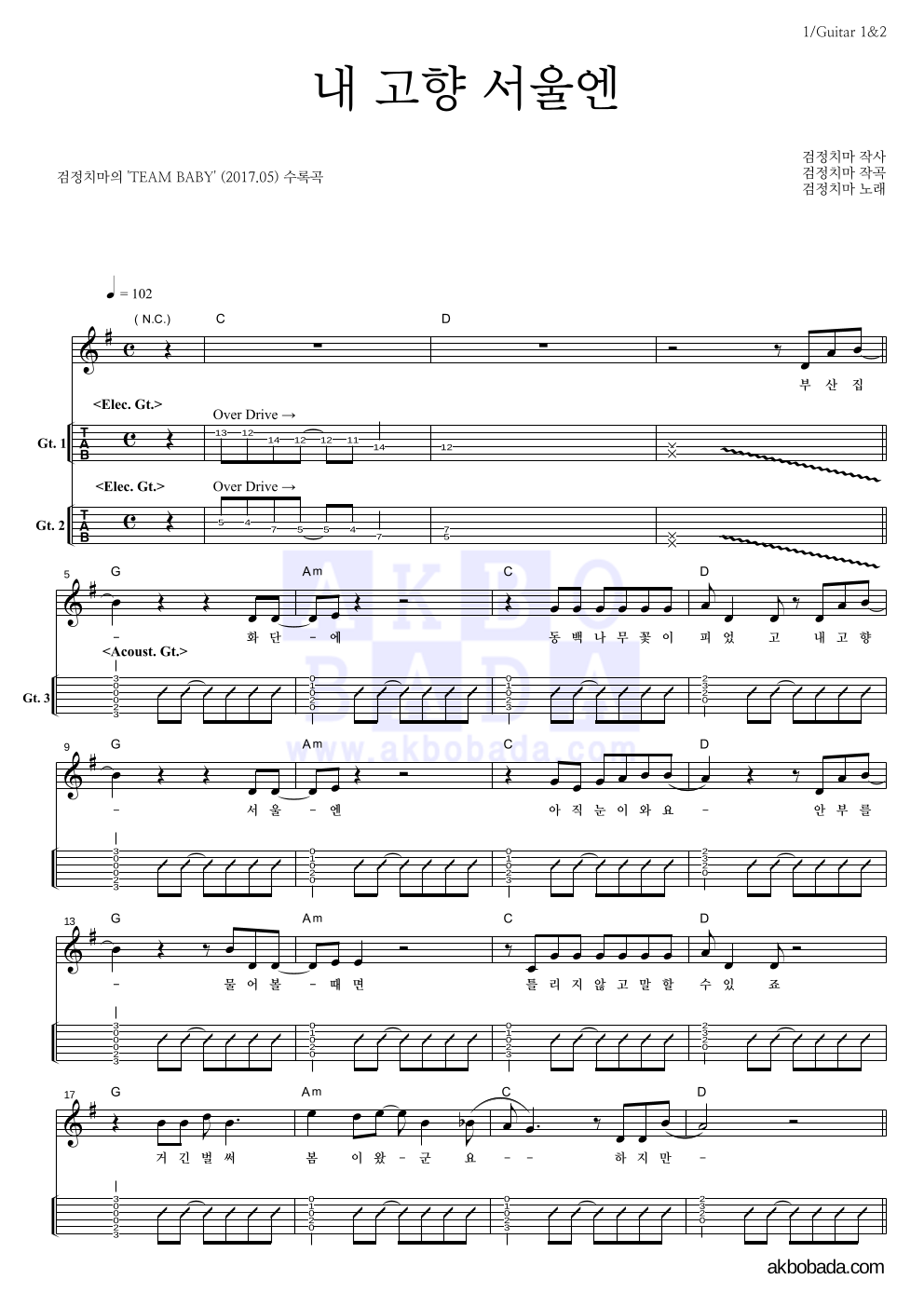 검정치마 - 내 고향 서울엔 기타(Tab) 악보 