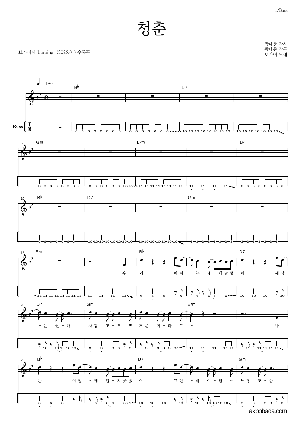 토카이 - 청춘 베이스(Tab) 악보 