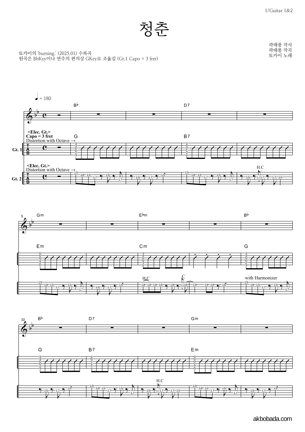 토카이 - 청춘 기타(Tab) 악보 