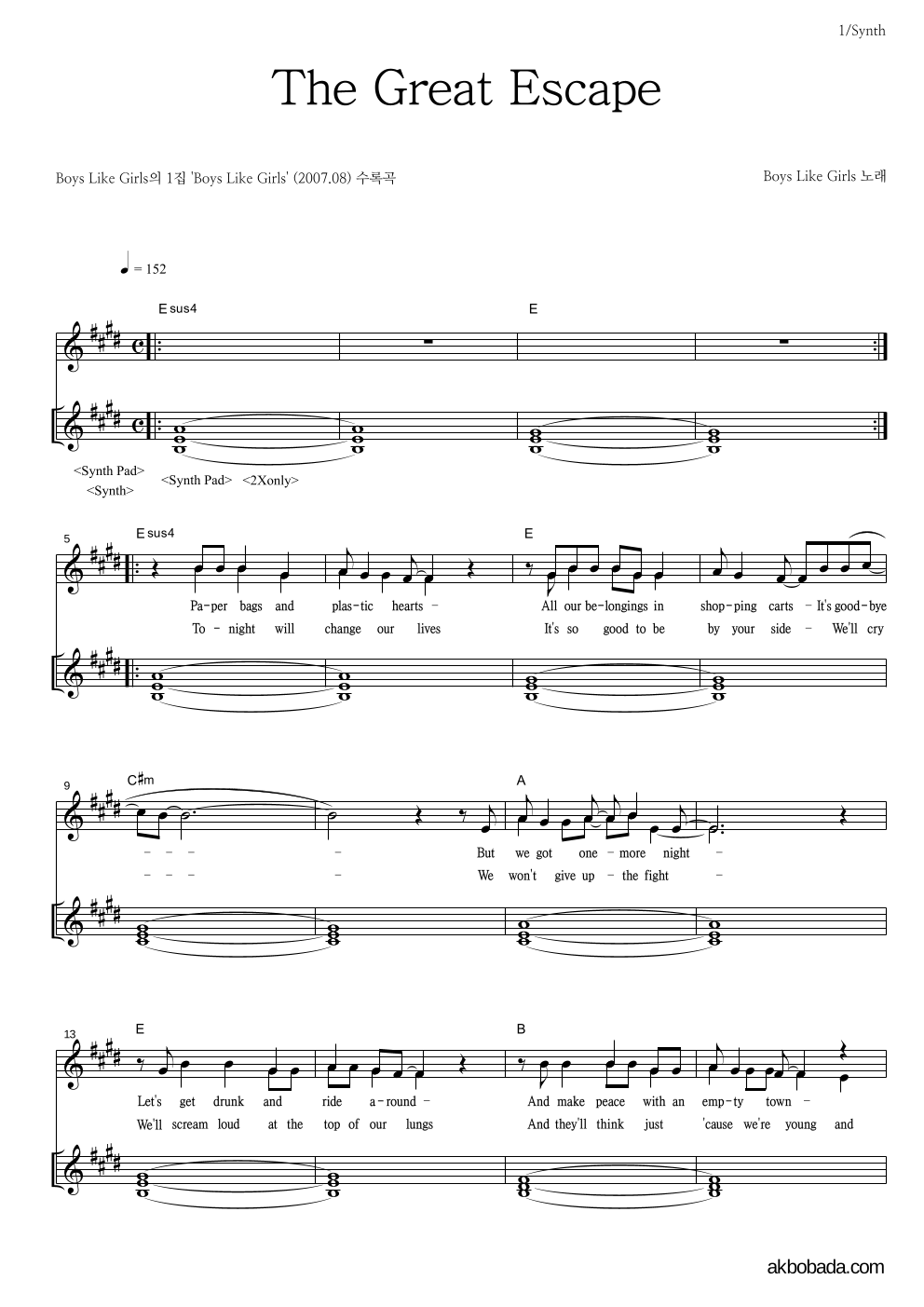 Boys Like Girls - The Great Escape 건반 악보 