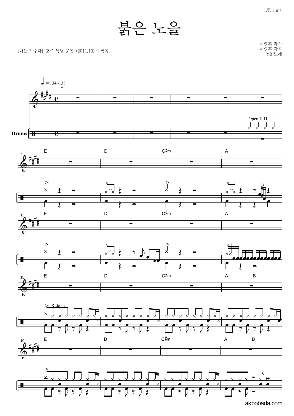 YB(윤도현 밴드) - 붉은 노을 (이문세) 드럼 악보 