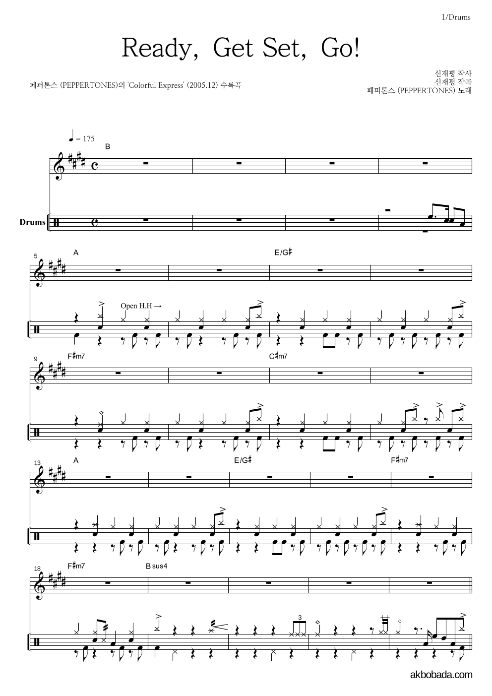페퍼톤스 - Ready, Get Set, Go! 드럼 악보 