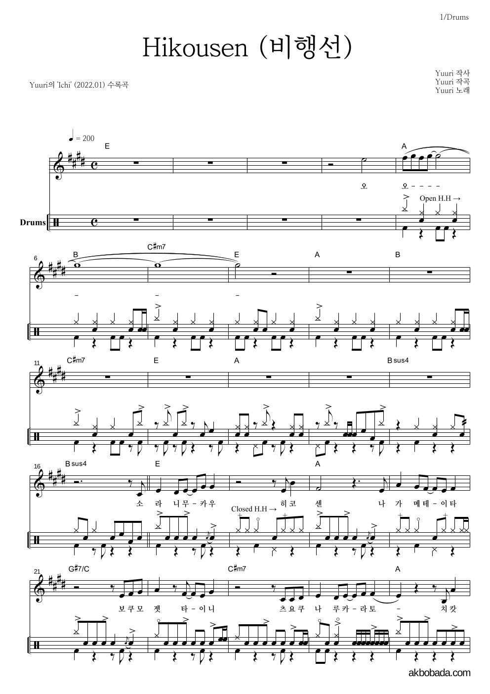 Yuuri - Hikousen (비행선) 드럼 악보 