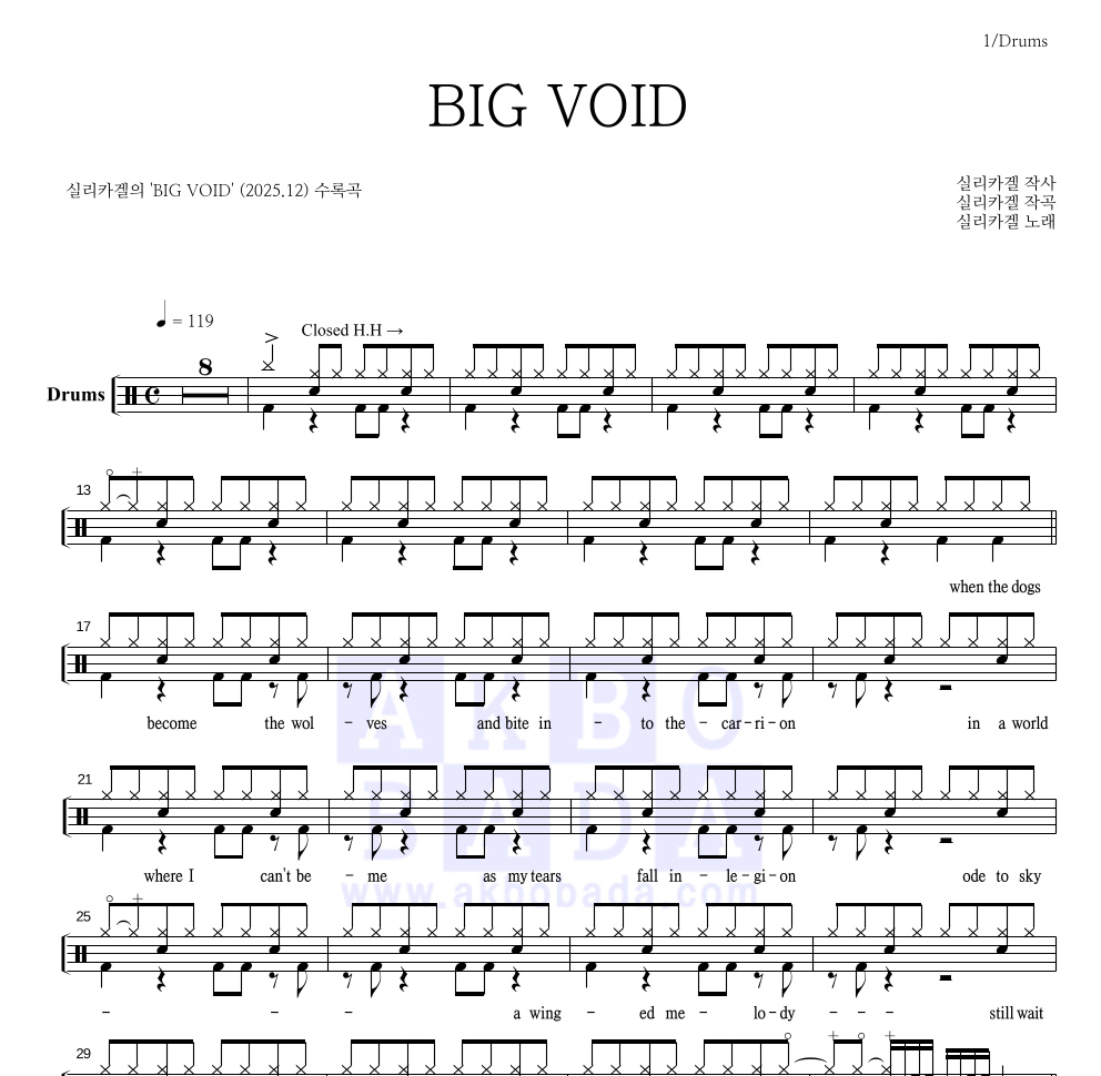 실리카겔 - BIG VOID 드럼(Tab) 악보 