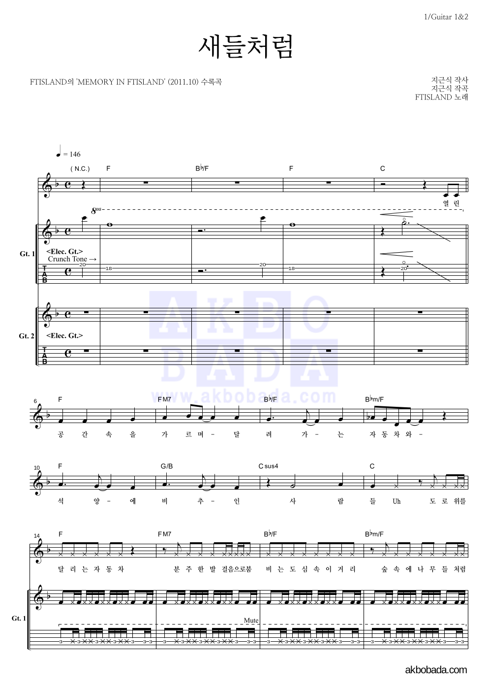 FT 아일랜드 - 새들처럼 기타1,2 악보 