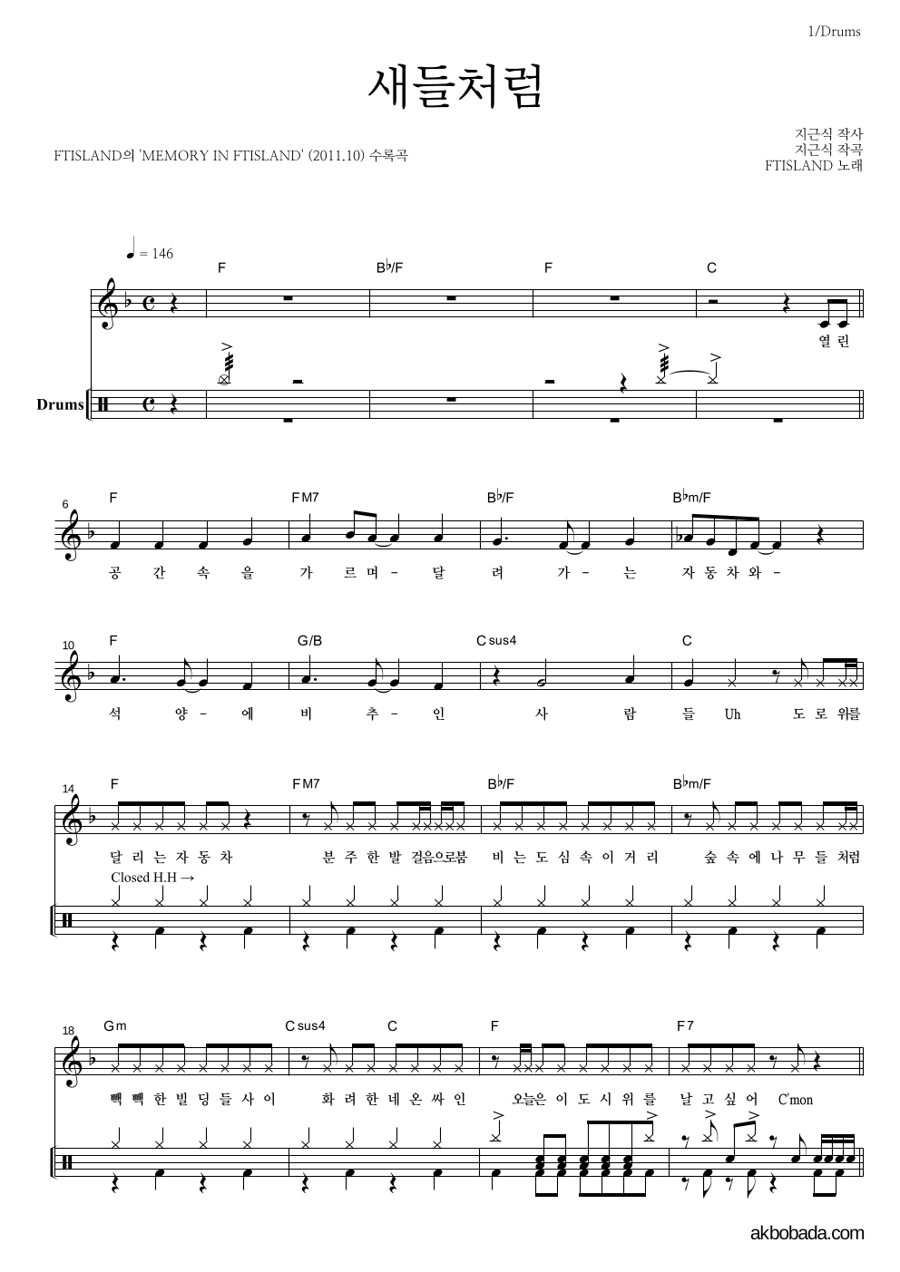 FT 아일랜드 - 새들처럼 드럼 악보 