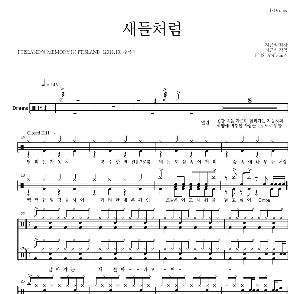 FT 아일랜드 - 새들처럼 드럼(Tab) 악보 