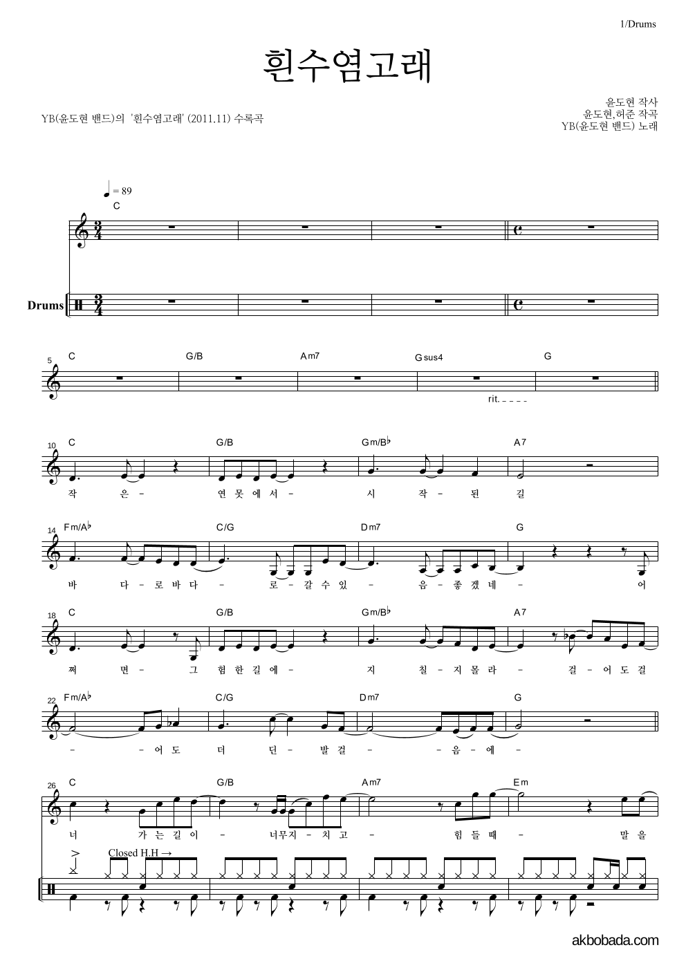 YB(윤도현 밴드) - 흰수염고래 드럼 악보 