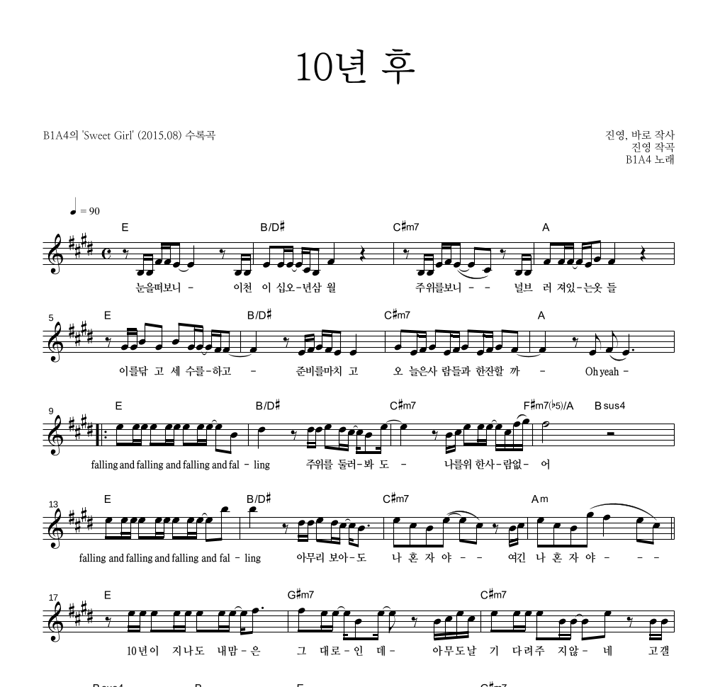 B1A4 - 10년 후 멜로디 악보 