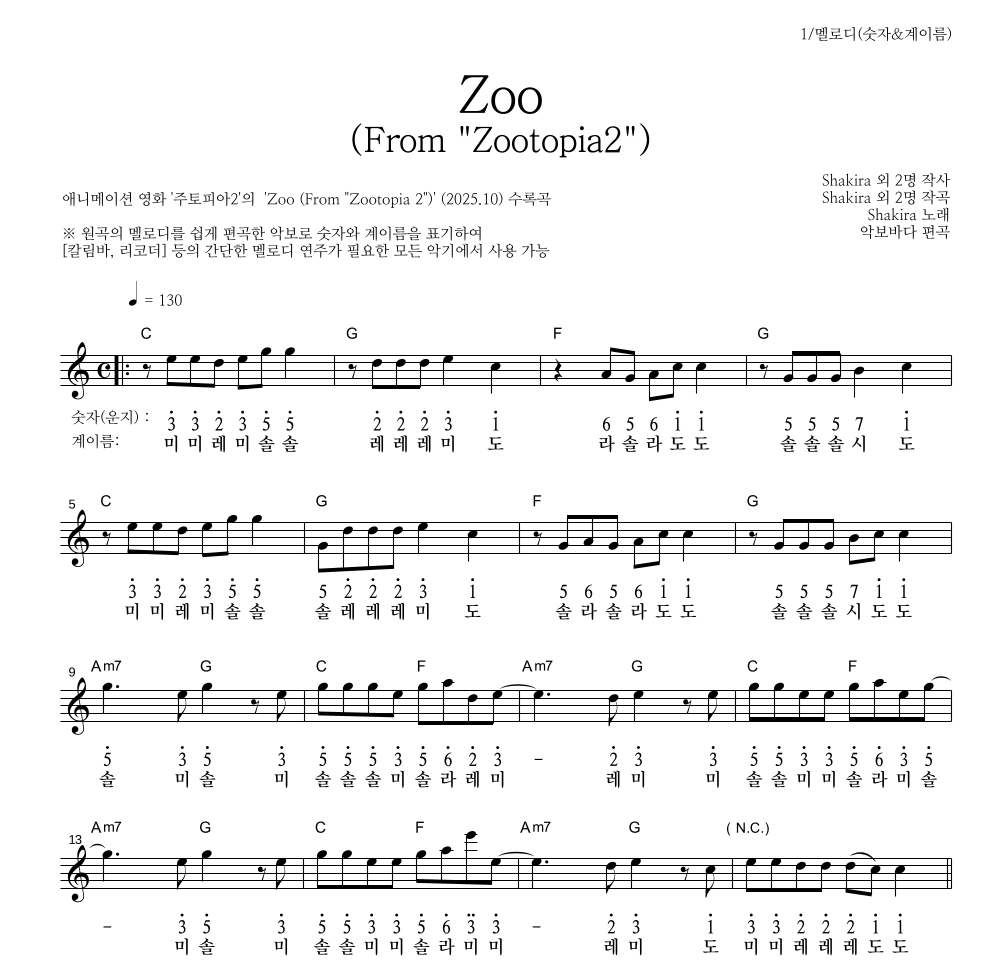 Shakira - Zoo 멜로디-숫자&계이름 악보 