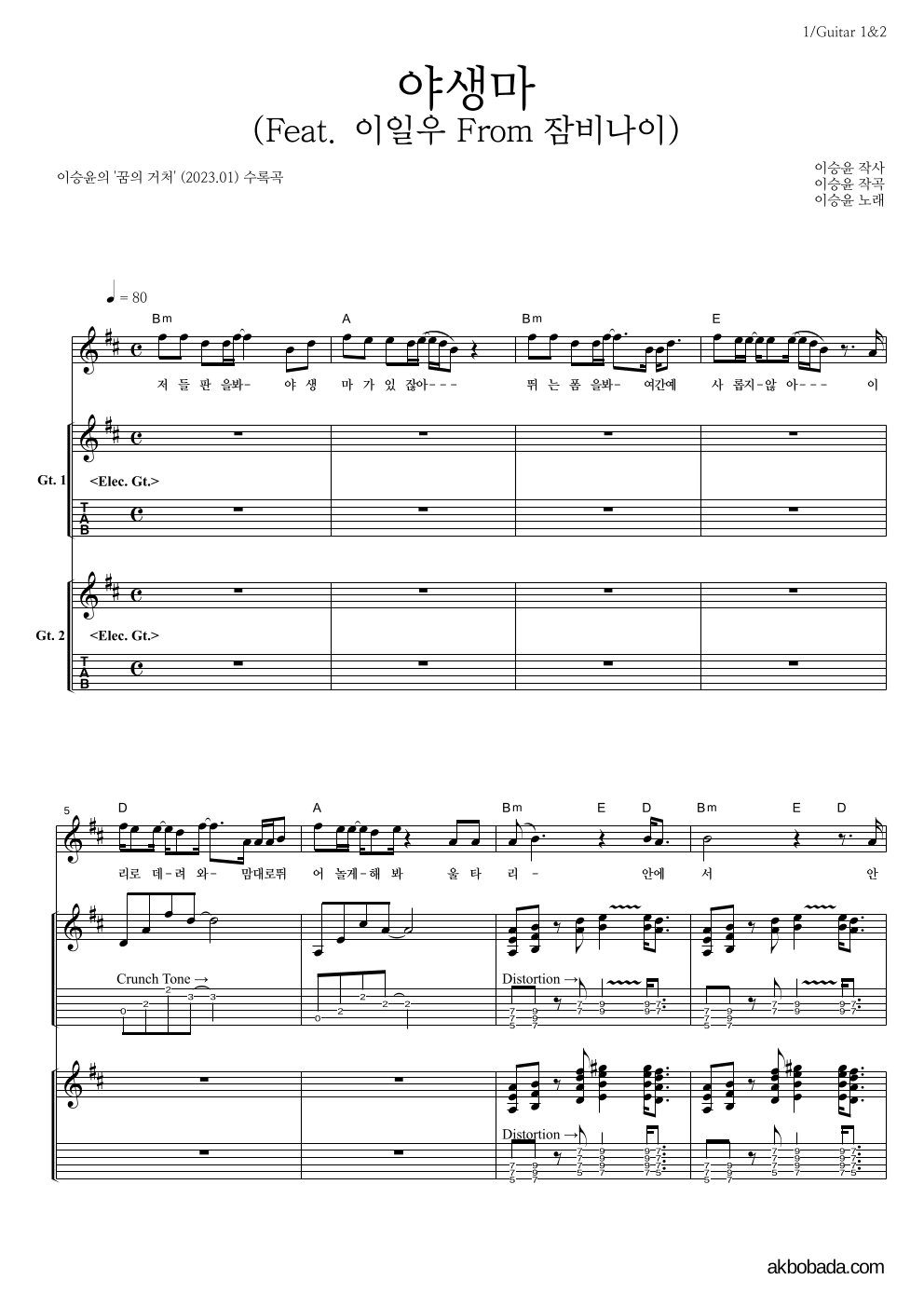 이승윤 - 야생마 (Feat. 이일우 From 잠비나이) 기타1,2 악보 