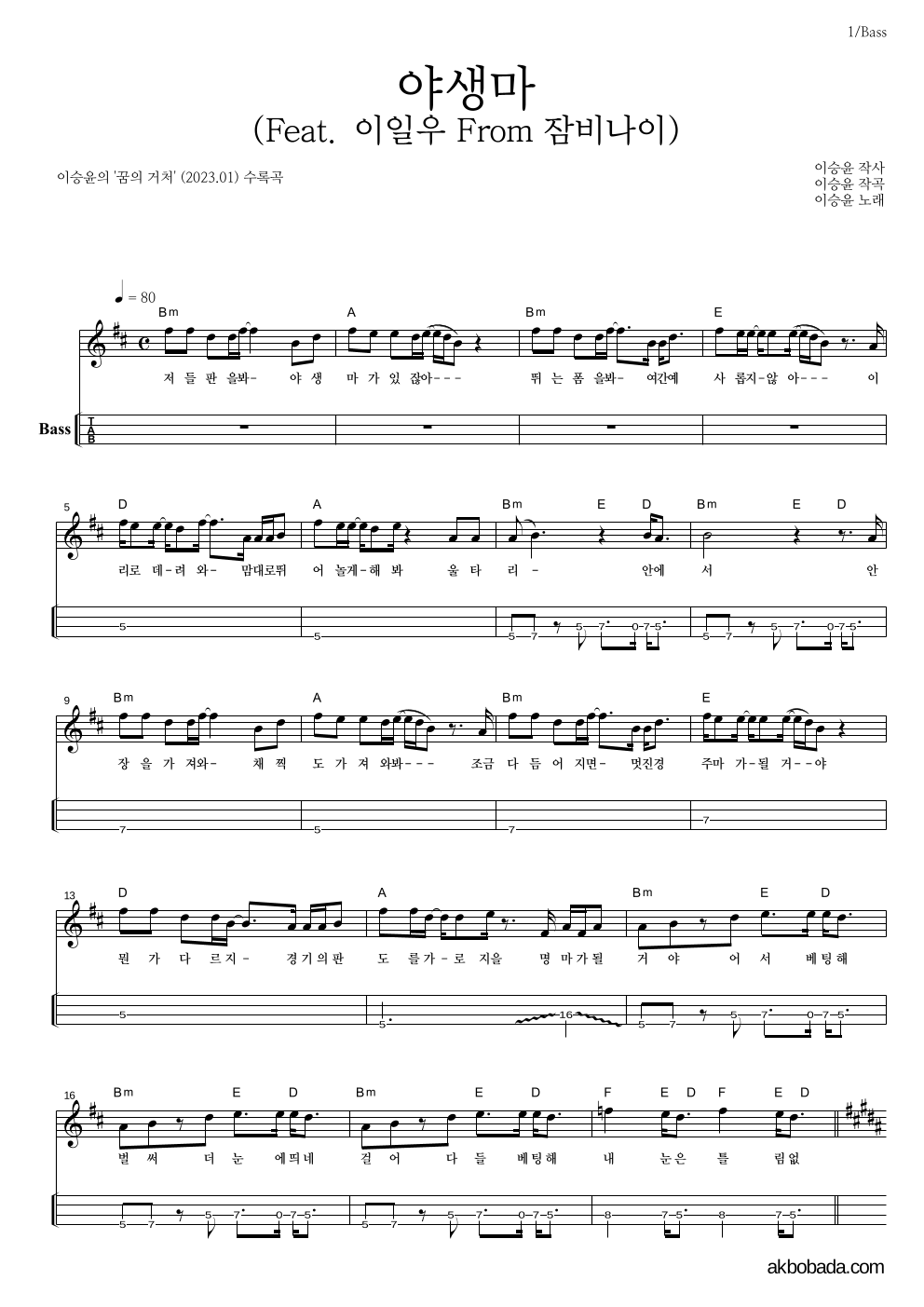 이승윤 - 야생마 (Feat. 이일우 From 잠비나이) 베이스(Tab) 악보 